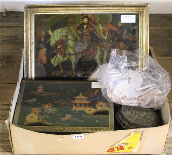 19th century Continental jewellery box & modern lacquer box together with a painting on glass, The Triumph of the Spanish Patriots 1808